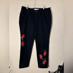 Embroidered Straight Leg Jeans - Black with Red Floral Design